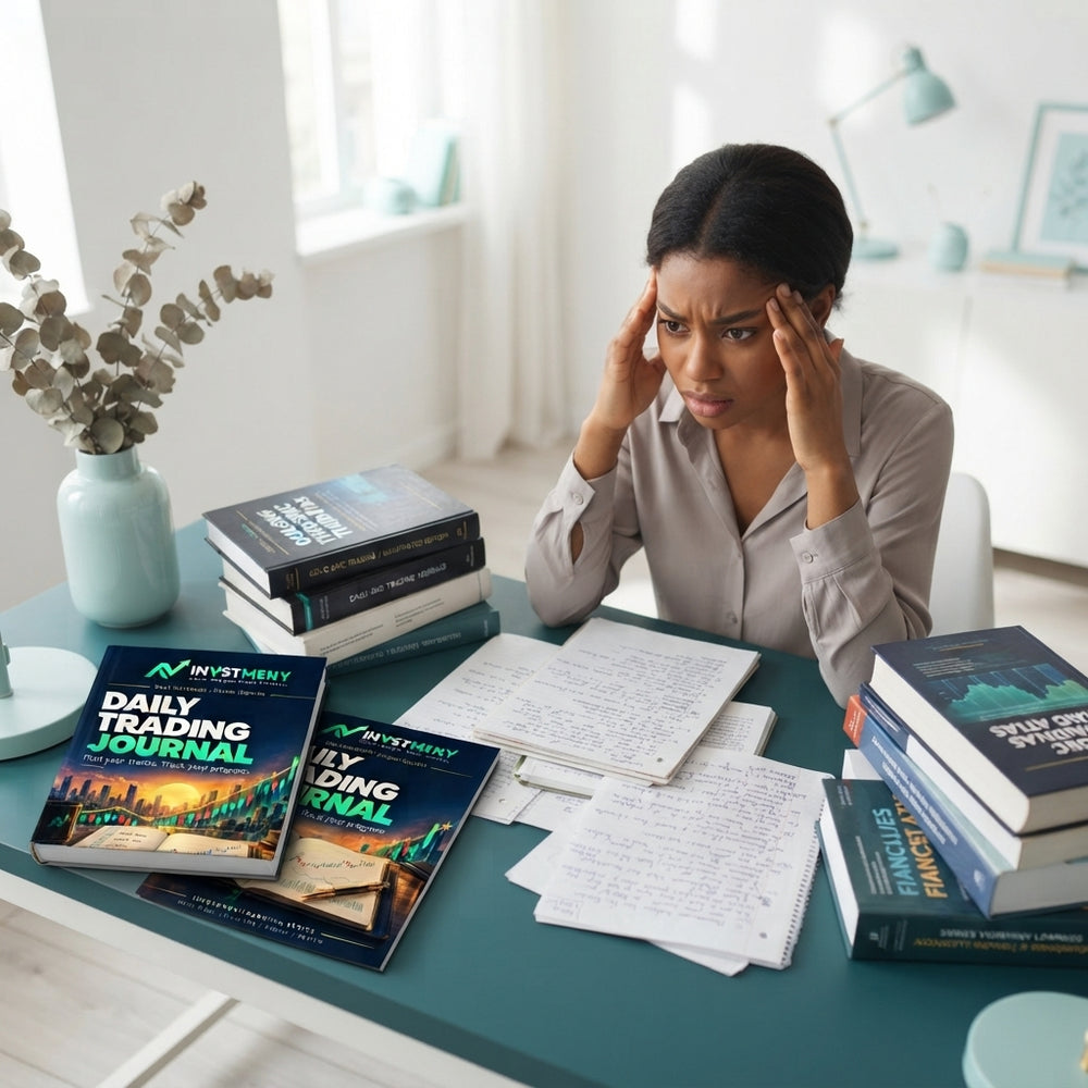 A person looking stressed at a desk cluttered with complex financial textbooks and papers, with the Gold SMC Trading Atlas ne
