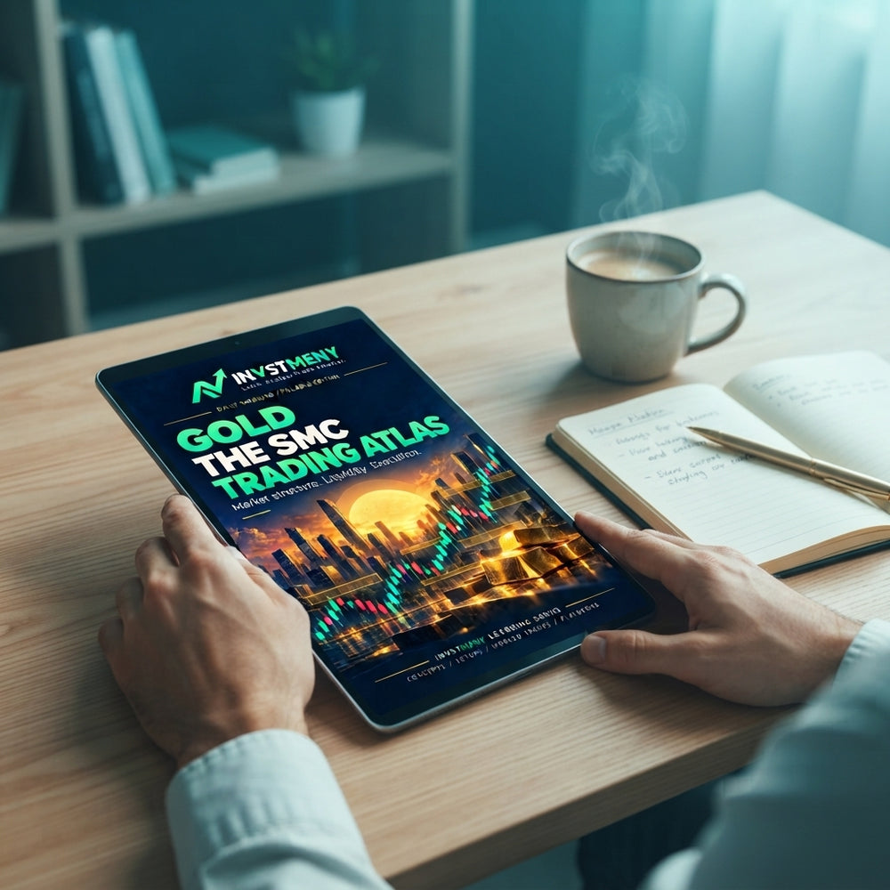 A person studying the Gold SMC Trading Atlas ebook on a tablet at a desk with a notebook and coffee.